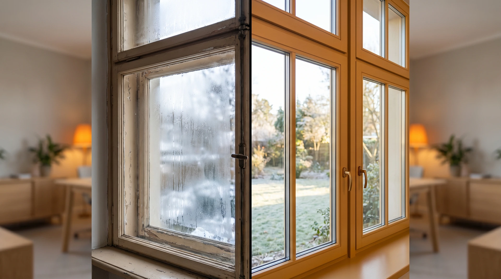 Jämförelse mellan gammalt fuktigt fönster och nytt modernt träfönster i rum.