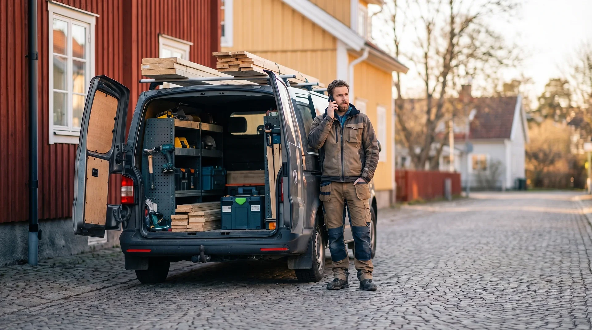 Hantverkare vid skåpbil fullpackad med verktyg och material talar i telefon.
