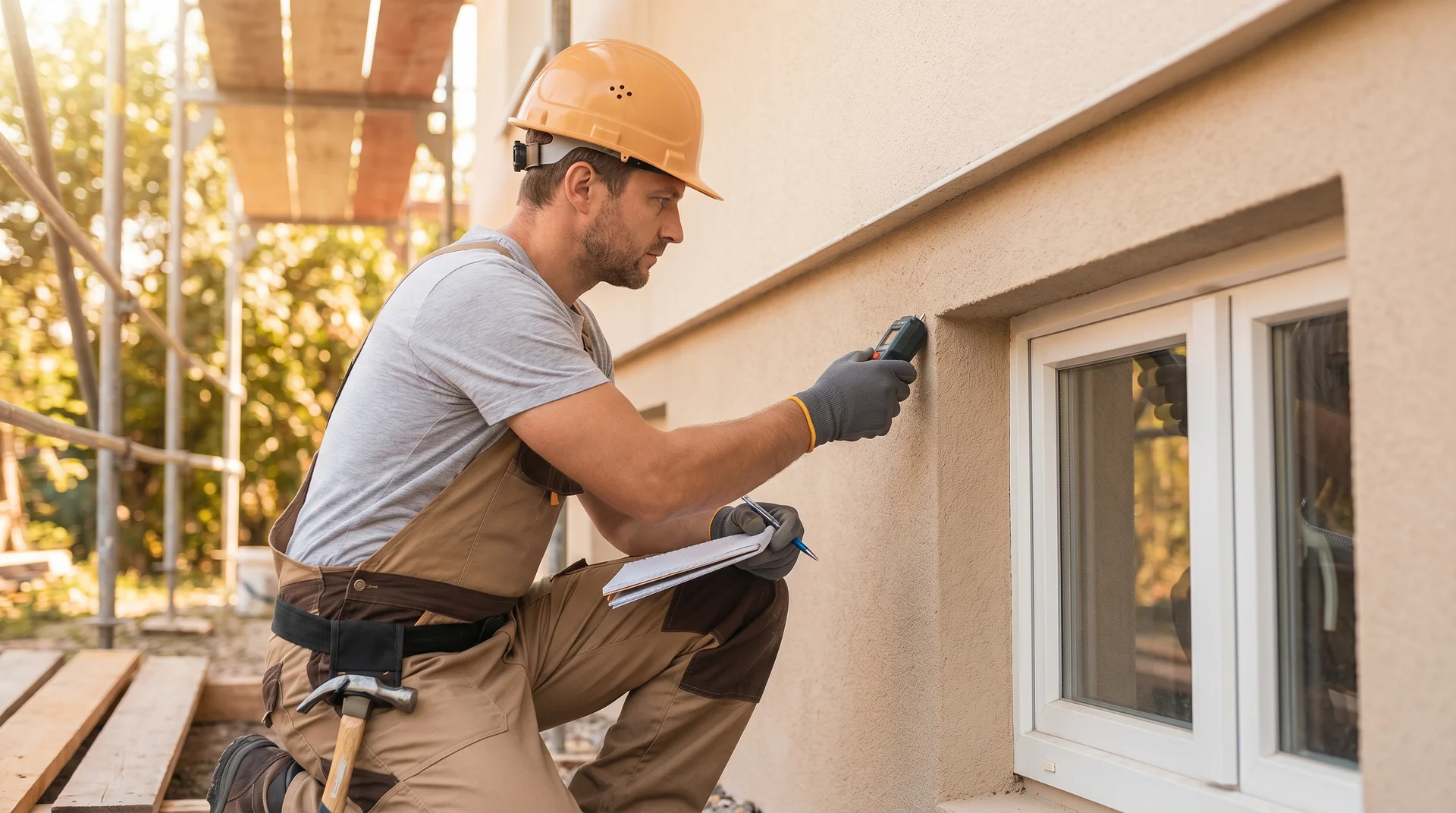 Byggnadsarbetare med hjälm inspekterar husfasad med verktyg och anteckningsblock.