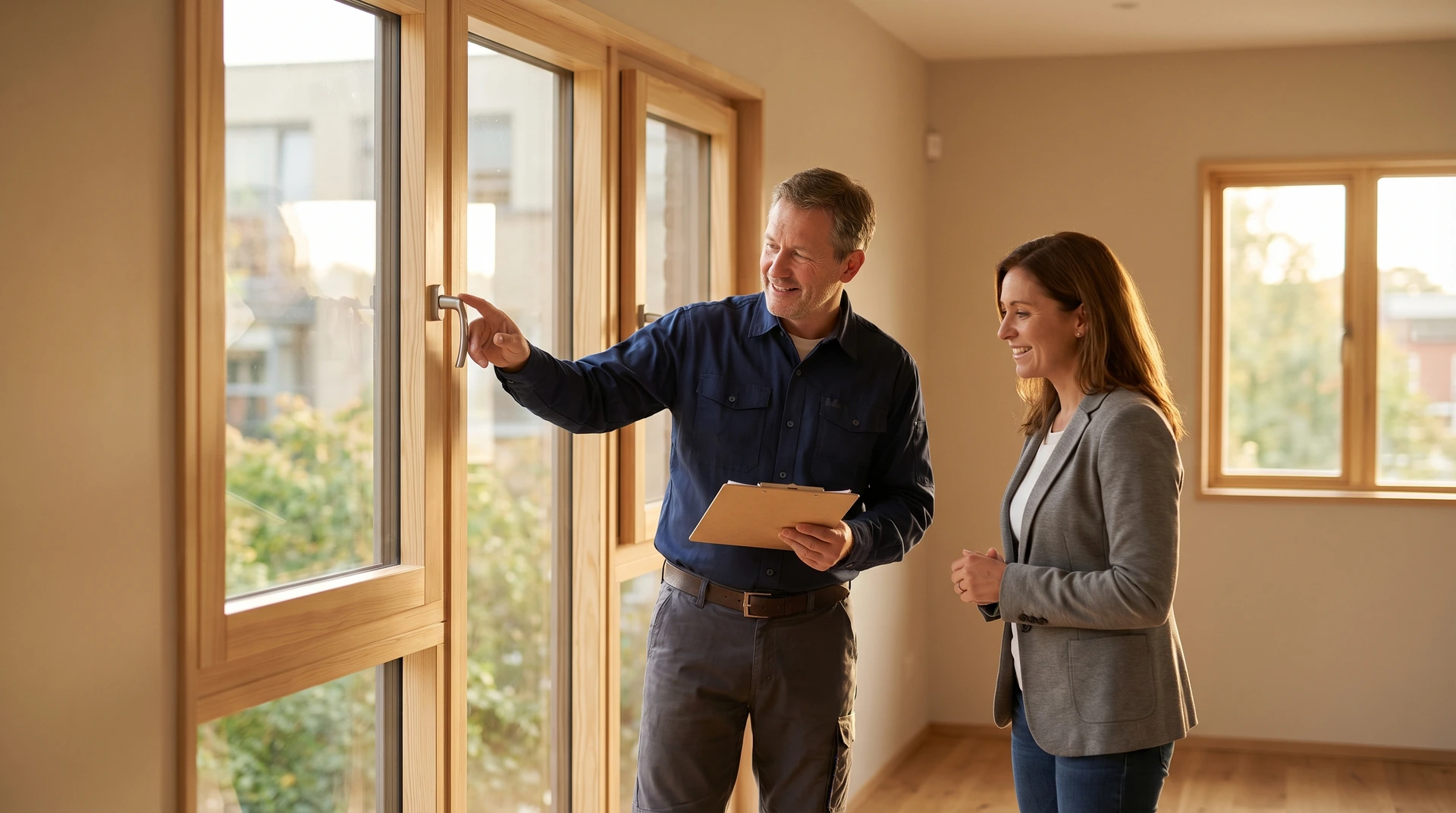 Man i blå skjorta visar fönster för kvinna i grå kavaj
