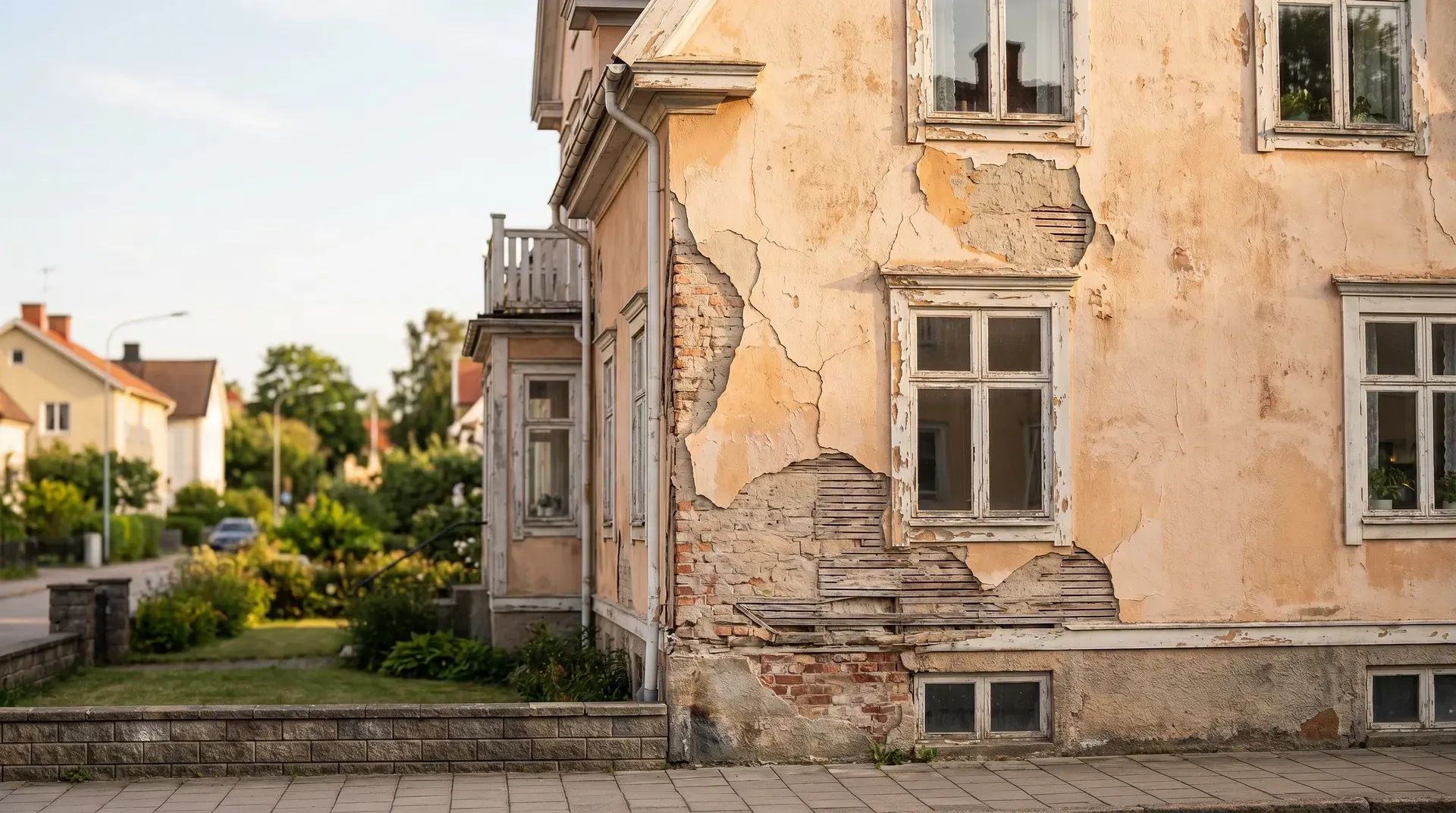 Förfallen gul tegelbyggnad med flagande puts och synliga tegelväggar